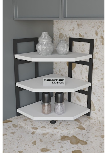 Akın Köşe Baharatlık 3 Raflı Mutfak Tezgah Üstü Köşe Raf - Beyaz Beyaz