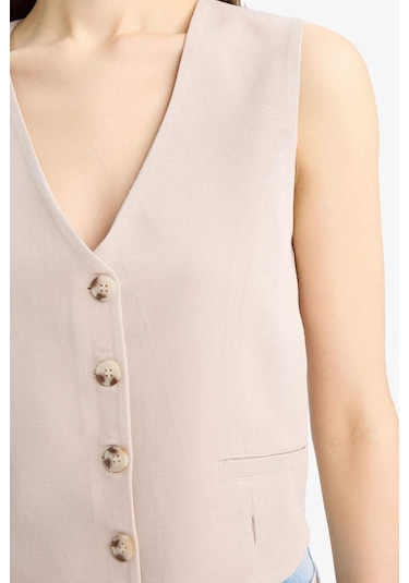 DeFacto 	V Yaka Keten Karışımlı Beyaz Blazer Yelek D0513AX25SMBG78 Bej