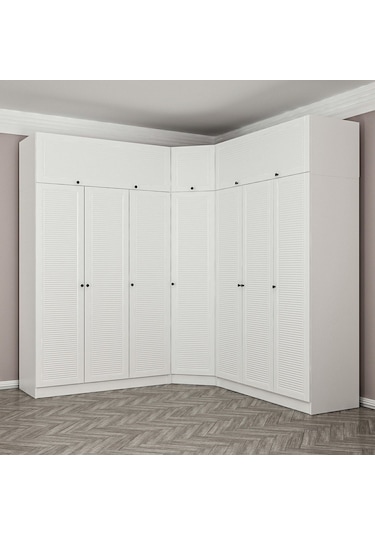 Minar Kale 7 Kapaklı 4 Ç Köşe Dolap + Yüklük Beyaz Mebran Panjur 190cm