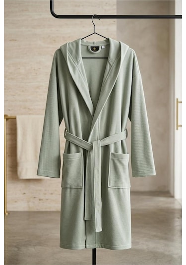Soft Comfort Lacost Örgü Unisex Kapüşonlu Bornoz Yeşil