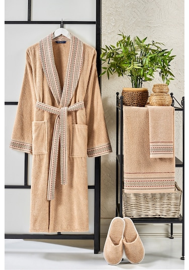 Vevien Ansaaj Jakarlı 4 Parça Bornoz Seti Bej