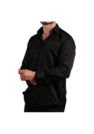 Siyah Büyük Beden Rahat Kesim Micro Kumaş Kol Düğmeli Regular Fit Erkek Gömlek - 190-6 001