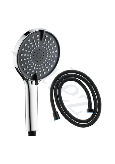 Siyah Yuvarlak 3 Fonksiyonlu El Duşu Ve Siyah Örgülü Hortum Seti Krom - Siyah