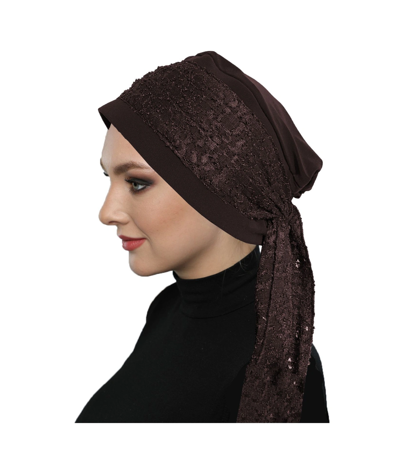 Dantel Bandana Kahve Hazır Türban Tesettür Bone Kahve