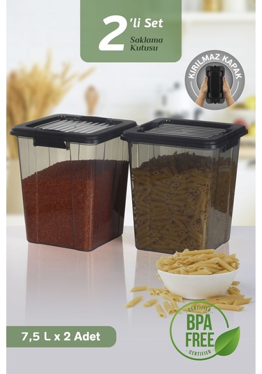2'li Organizer Box 7,5l Un Bakliyat Erzak Kabı Kilit Kapaklı Düzenleyici Deterjanlık Saklama Kutusu Siyah
