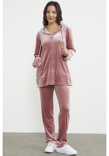Tam Fermuarlı Tunik Boy Kadife Eşofman Takım - Pudra 001