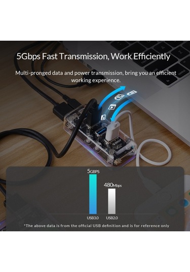 Orıco F4u 4 X Usb 3.0 Bağlantı Noktası 5gbps Mavi Led Gösterge Işığı İle Hızlı İletim Masaüstü Göbeği Şeffaf