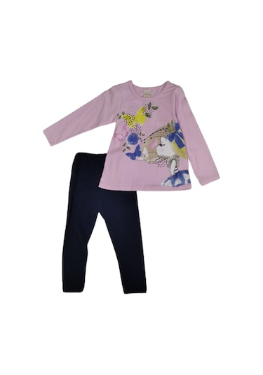 Kız Çocuk Alt Üst Takım Pembe Kelebekli Kızlı Pamuklu Pembe
