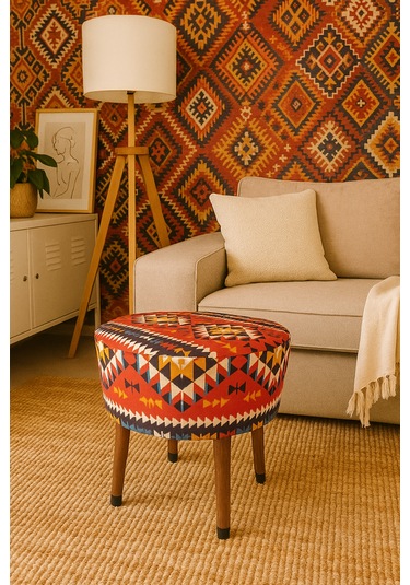 Ustaagac Puf Koltuk Bench Tabure Anadolu Kilim Al- Ahşap Ayaklı Kırmızı - Beyaz