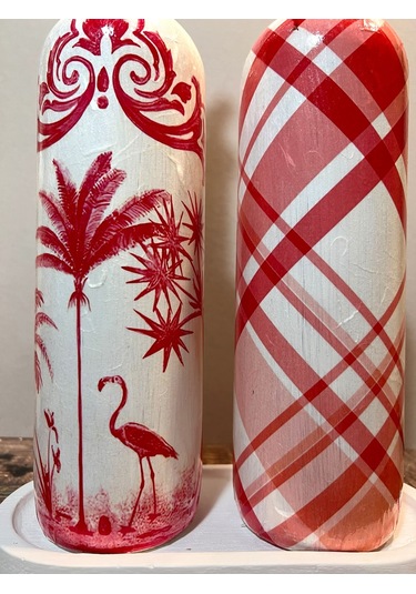 El Yapımı Kırmızı Beyaz Yağdanlık Seti Flamingo Ekose Desenli Cam Şişe, Dekoratif Mutfak & Sofra Ü Açık Pembe