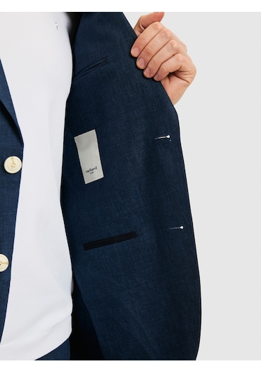 Cacharel Lacivert Slim Fit %100 Keten Mikro Desen Mono Yaka Ceket