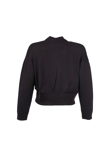 Unique Mode Minimalist V Yaka Uzun Kol Kadın Crop Hırka Siyah