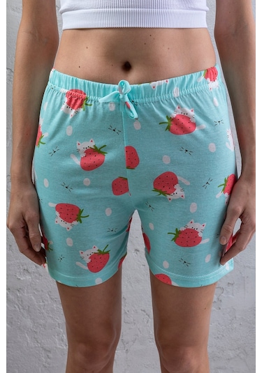 Giysa Kadın Beli Lastikli Desenli Şort Pijama Altı Turkuaz - 2027 Turkuaz