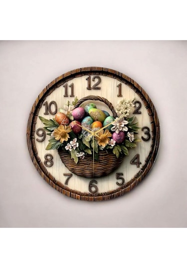 Çiçek Sepeti Kabartma Görünümlü Renkli Baskı Desenli Sayılı Hediyelik Ahşap Sessiz Duvar Saati 50cm ÇOk Renkli