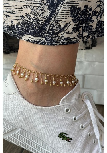 Dorikalı Doğal İnci Sallantılı Kadın Halhal Gold