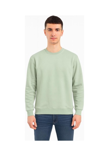 Erkek Oversize Uzun Kol Sıfır Yaka Sweatshırt-7383 Su Yeşili