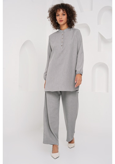 Bigdart 6678 Keten Tunik Pantolon İkili Takım - Gri
