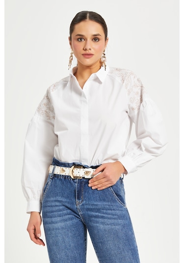 Kadın Nakış Detaylı Pamuk Gömlek Düğmeli, Uzun Kollu, %100 Cotton Beyaz