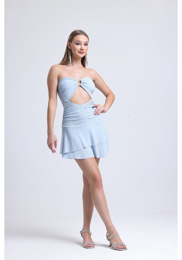 Buz Mavisi Önden Halkalı Bel Kısmı Açık Cift Kat Kloş Etekli Party Elbisesi Buz Mavisi