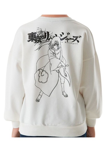 Erkek Çocuk Önü Arkası Anime Resim Yazı Desenli Beyaz Renk Sweatshirt Beyaz