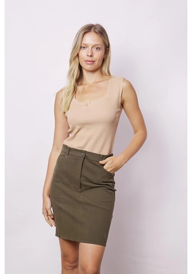 Kadın Cep Detaylı Diz Üstü Hafif Likralı Pamuklu Kumaş Kalem Etek-haki Haki
