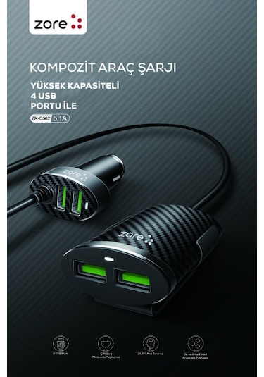 Kilifone - Araç Şarj Seti Zr-c502 2+2 - Siyah - T9690 Siyah