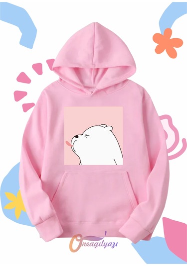 Çocuk Unisex Dil Çıkaran Köpek Baskılı Oversize Kapüşönlü Sweatshirt Pembe