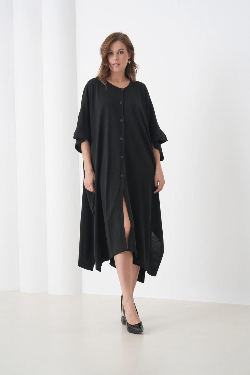 Kadın Tesettüre Uygun Önden Düğmeli Asimetrik Kesim Yarasa Kol Şık Geniş Kalıp Panço Ceket Siyah