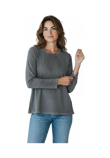 Kadın Yaka Ve Kol Ağzı Taşlı Etek Desenli Bluz Gri