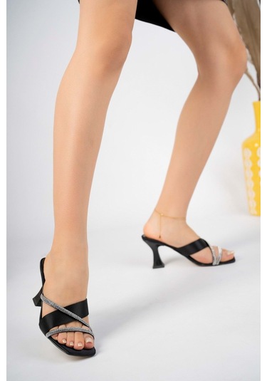 Bulutmod Ba04194 Siyah Kadın Saten Çapraz Taşlı Günlük Abiye Topuklu Terlik Siyah