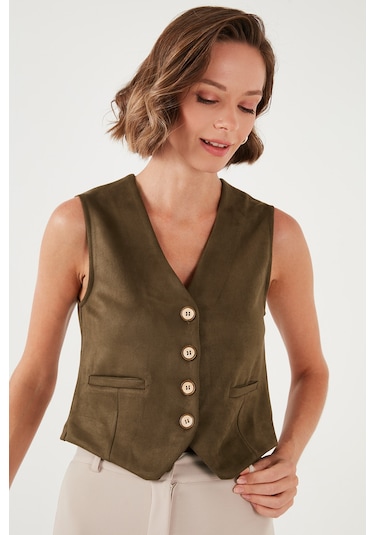 Lela Fitted Scuba Süet V Yaka Düğmeli Bayan Yelek 5865576 Haki