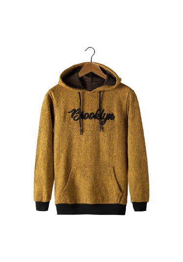 Erkek Hardal Kapüşonlu Kanguru Cepli Nakışlı Örme Sweatshirt HARDAL