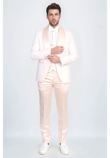 Dalgalı Desenli S Al Yaka Yelekli Toz Pembe Smokin - Wessi Pembe