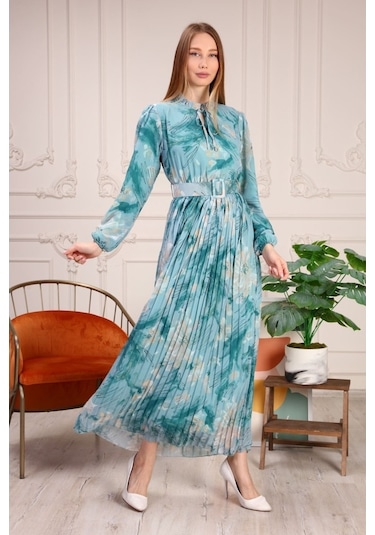 Aymeravm - Pileli Desenli Kadın Elbise - Işk5122Ga