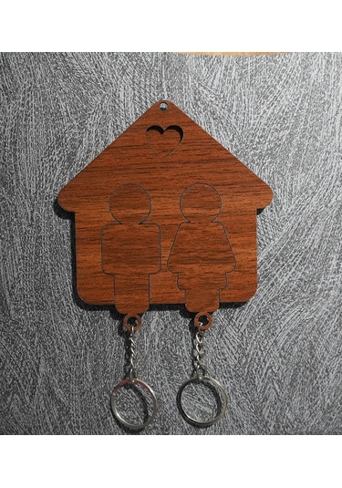 Ahşap Puzzle Tasarım Sevgili Çift Sevimli Ev Duvar Anahtarlık Kahverengi