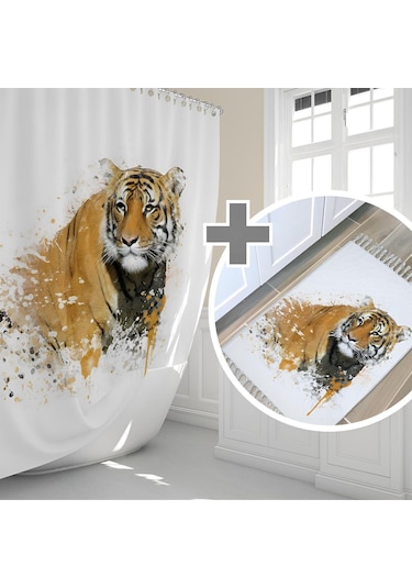 Zethome Tiger Banyo Paspas Ve Tek Kanat Duş Perdesi 1x180x200 Set Çok Renkli