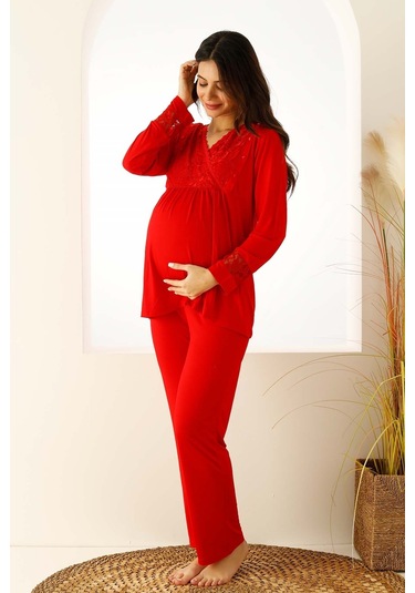 Premium Kutulu Emzirme Bölmeli Dantelli Hamile Lohusa Pijama Takımı Kırmızı