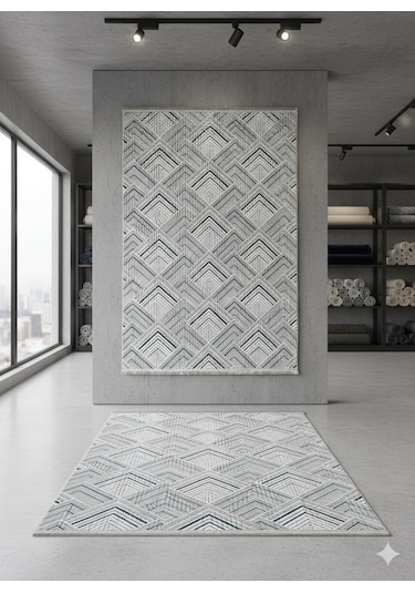 Konak Halı Modern Salon Halısı 3d Geometrik Desenli Gri Emboss Saçaklı Kaymaz Taban Açık Gri