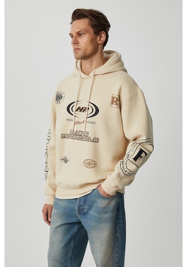 Grimelange Mıles Erkek Kapüşonlu Yumuşacık Oversize Bej Sweatshirt