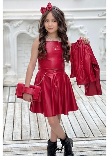 Riccotarz Kız Çocuk Zincir Detaylı Ceket Beli Manşetli Etek Ve Croplu Kırmızı Etekli Takım Kırmızı
