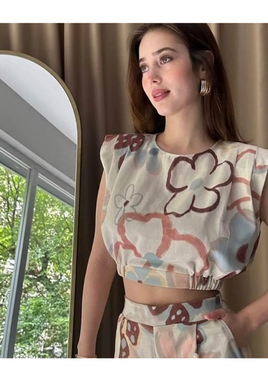 Büyük Pastel Çiçekli Vatkalı 80ler Lastikli Pantolon Crop Keten Yazlık İkili Takım Krem