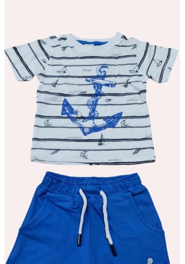Riccotarz Erkek Bebek Çapa Baskılı Kısa Kol Çizgili Tişört Mavi Şortlu Takım Mavi