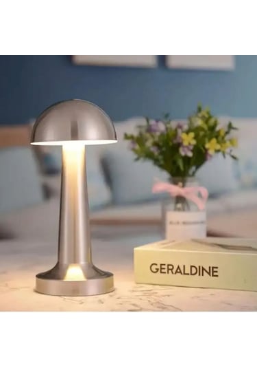 Buffer Mantar Model Silver Renk Şarjlı Dokunmatik 3 Renkli Led Masa Lambası -m11 Gümüş