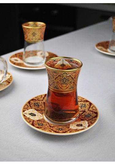 12 Parça 6 Kişilik Lüx Cam Çay Seti Gold Detaylı Altın Renk İşlemeli Lüks Çay Takımı Turuncu