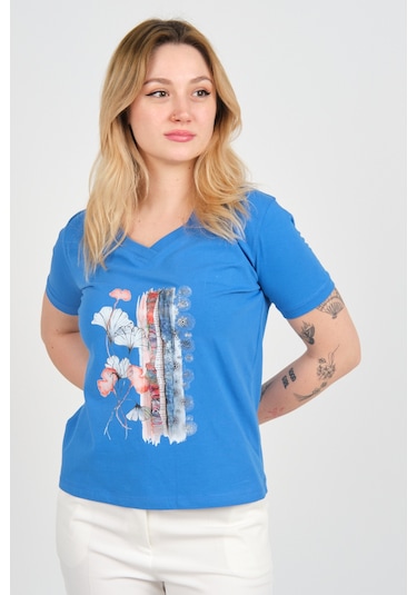 Sistas Kadın Baskı Desenli V Yaka Kısa Kollu Pamuklu Bluz 24100 Saks Saks