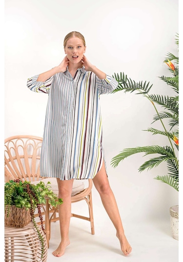 Colour Lines Düğmeli Boyfriend Kadın Gömlek Gecelik- Krem Krem