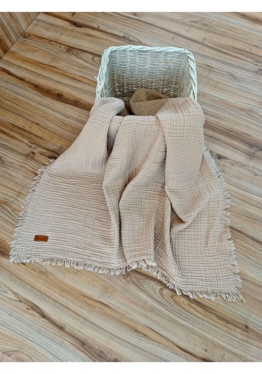 4 Kat Müslin Mint Yeşil Saçaklı Bebek Battaniyesi 100x120 Cm- %100 Pamuklu & Çok Amaçlı Battaniye Sütlü Kahve