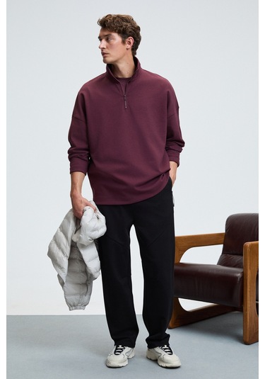 Grimelange EDISON Erkek Yarım Fermuarlı Kolu Baskılı Dik Yaka Bordo Sweatshirt