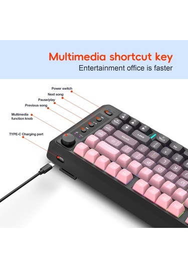 Hxsj L400 Üç Modlu Wireless Rgb Işık Ince Film 81 Tuş Klavye Grafiği Siyah Pembe