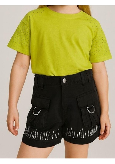 Kız Çocuk Taş İşlemeli Şort-15977 Siyah